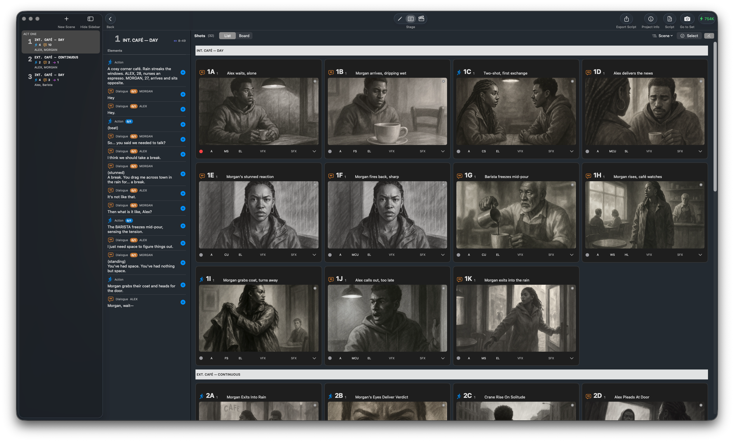 FramePath's hero view on Mac — screenplay on the left, scene navigator in the middle, shot list on the right.